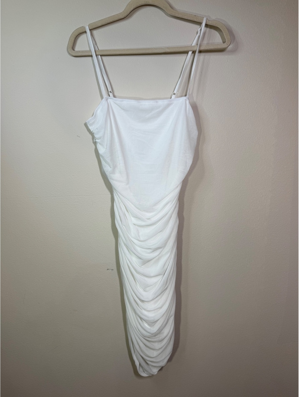 White Ruched Bodycon Midi Dress with Spaghetti Straps